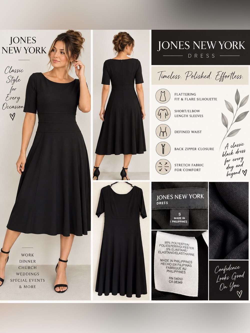 Jones New York Black Short‑Sleeve Fit & Flare Midi Dress
